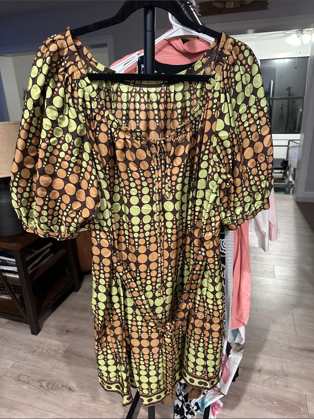 Women’s Silk Green and Brown Puff-Sleeve Dress